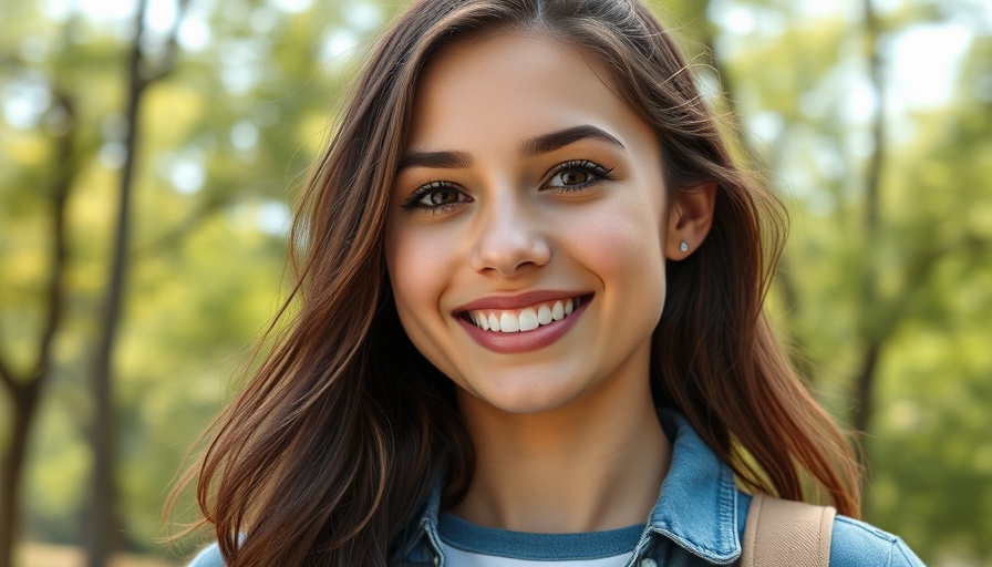 Close-up of a smiling woman outdoors with text overlay
