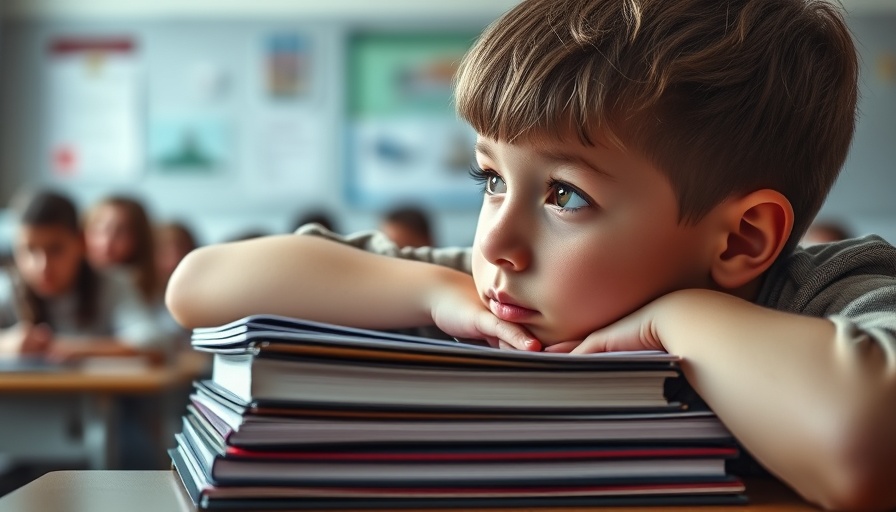 Thoughtful young boy in classroom, contemplating adoption.