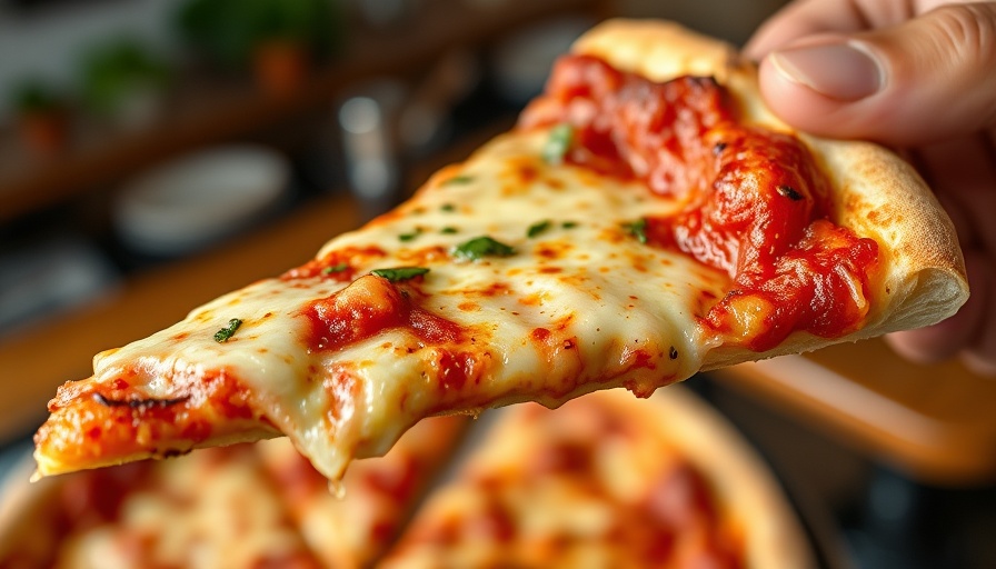 Delicious New York pizza slice showcasing vibrant cheese and crispy thin crust. Healthy eating contrast.