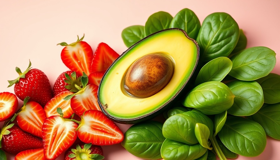 Nutrient-rich salad ingredients with strawberries, avocado, and spinach.