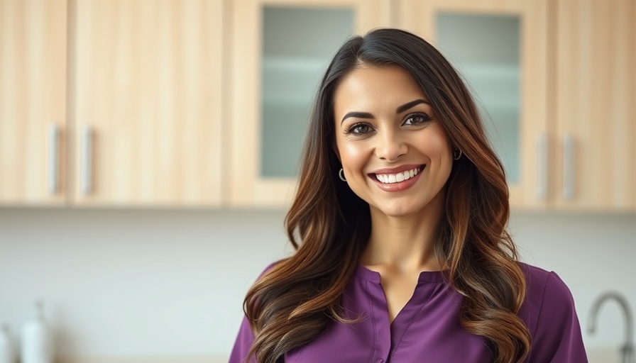 Smiling woman giving advice on dental care in a light background.