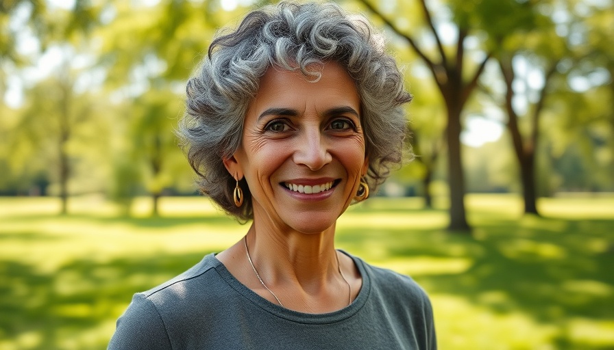 Confident mature woman in park highlighting early detection of ovarian cancer.