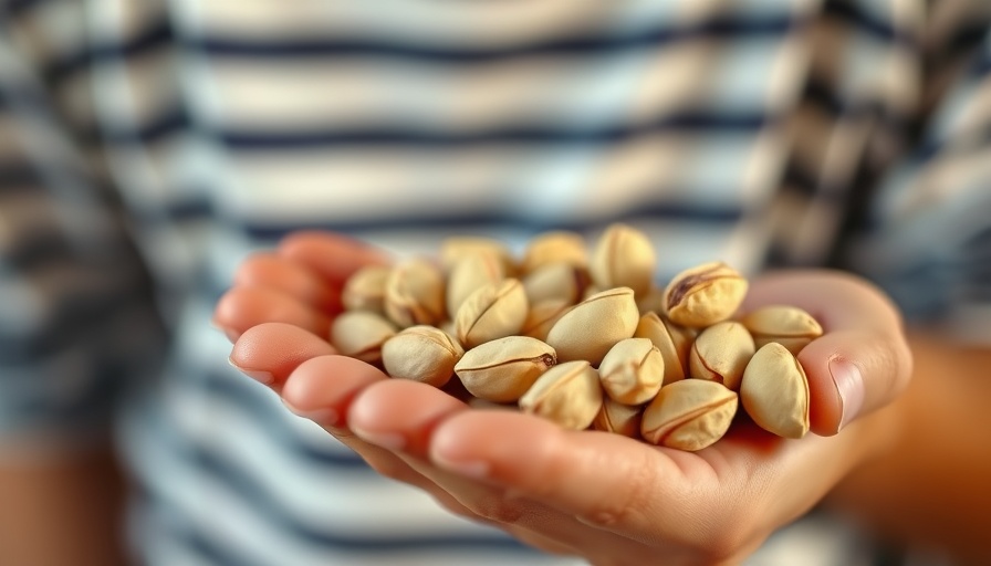 Handful of pistachios in hand, best time to eat nuts for heart health.