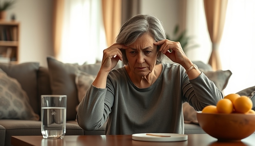 Middle-aged woman showing signs of nerve damage, holding temples.