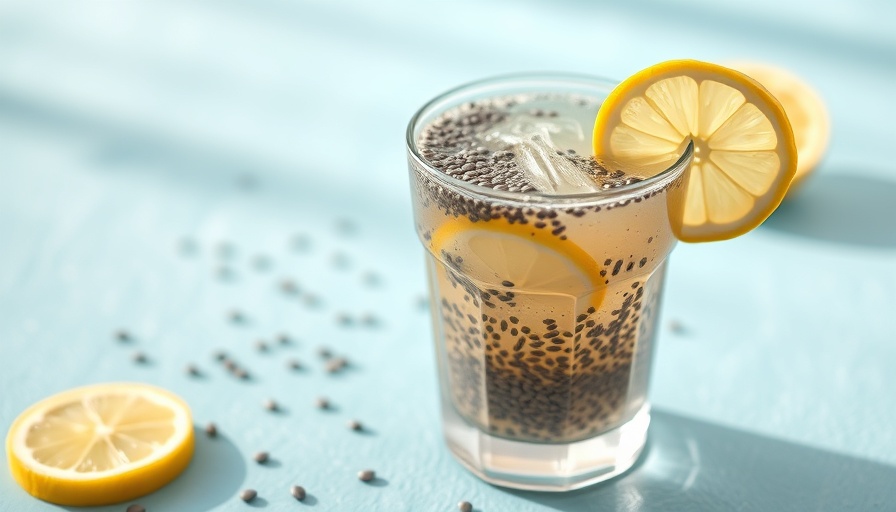 Chia seed drink with lemon slices on a blue background.