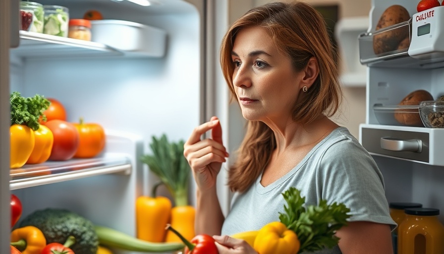 Thoughtful woman checking fridge for fiber-rich foods, addressing fiber deficiency signs.