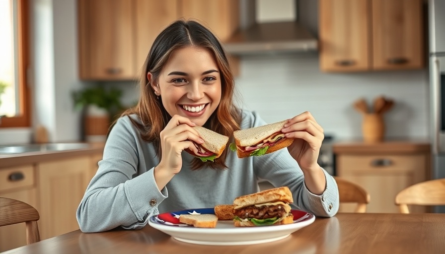 Young woman eating a heart healthy sandwich in a modern kitchen.