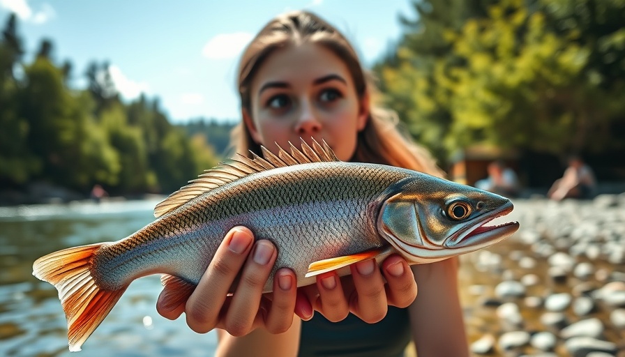 Woman surprised by spiny fish held by hand near riverbank.