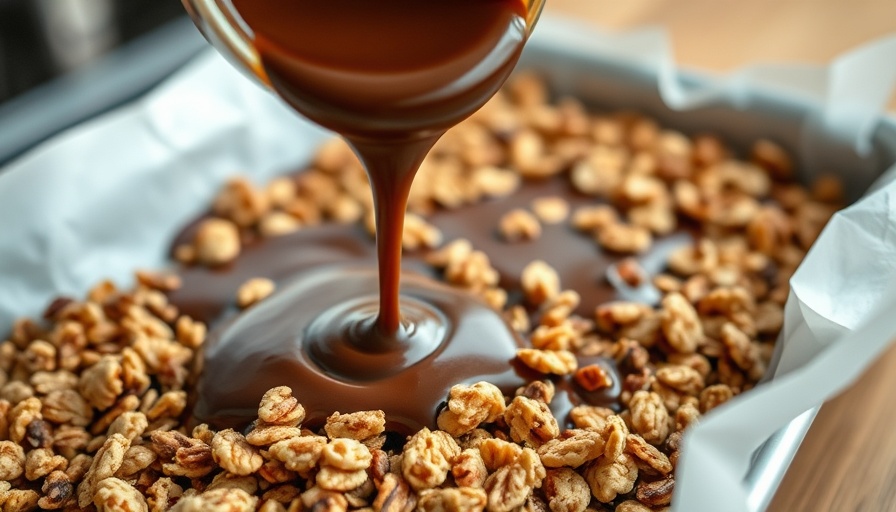 Healthy no-bake granola bars, chocolate pouring over granola.