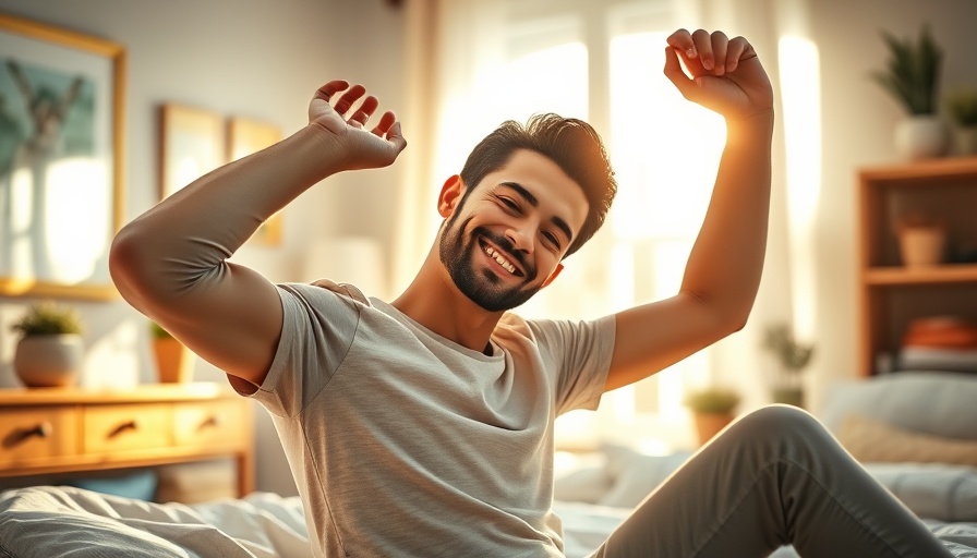 Young man enjoying morning wellness routine in sunlit room.