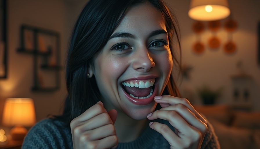 Young woman playfully removing false teeth at night in a cozy room.