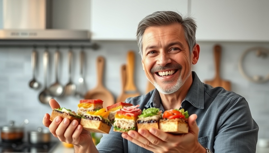 Smiling man with healthy meal prep blocks in a kitchen