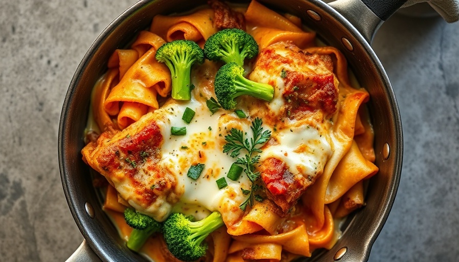 High protein plant-based lasagna with creamy sauce and broccoli in a pan.