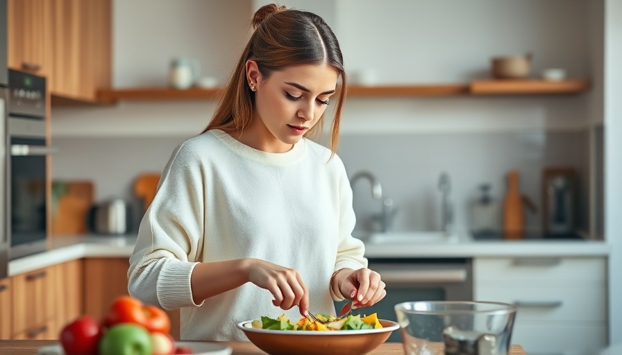 Young woman preparing food in a modern kitchen, healthy eating focus.