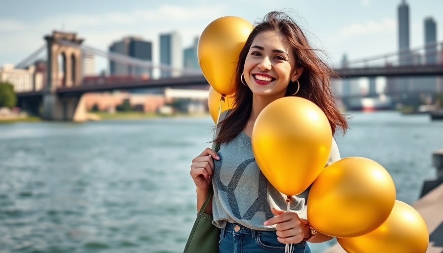 Cheerful woman by river with balloons, urban setting, dental care theme.