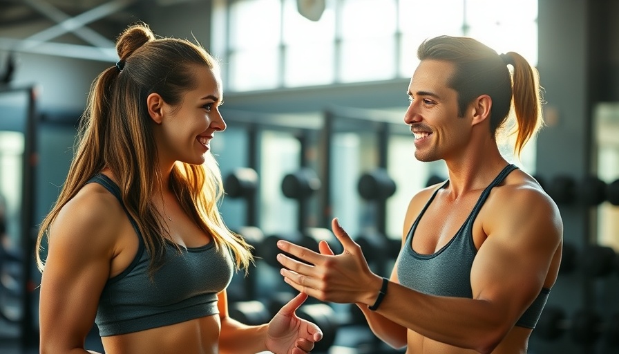 Motivated trainer discussing fitness plans in gym environment.