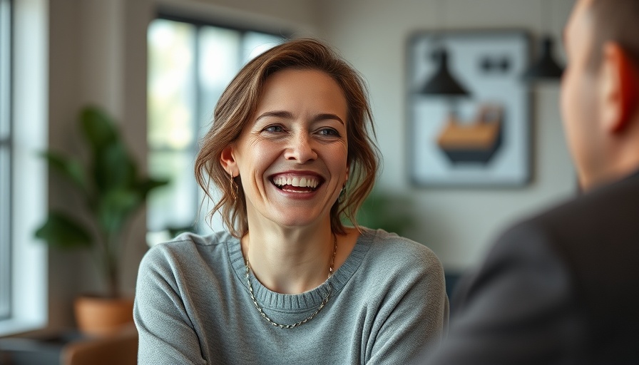 Smiling woman discussing dental care indoors in a modern setting.