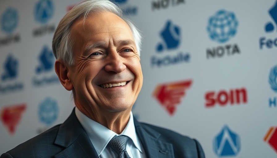 Smiling older man in suit with blue logo background.