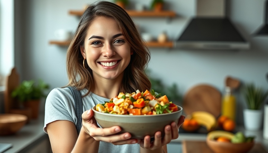 Smiling woman promoting low carb lunch ideas in the kitchen.