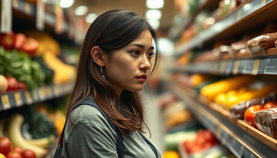 Woman pondering food myths, grocery store scene.