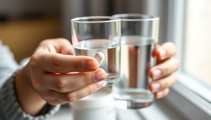 Hand with a magnesium glycinate pill and water.