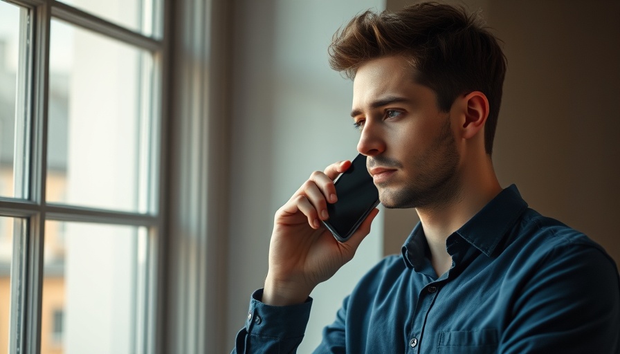 Young man in blue shirt discussing chronic joint pain solutions over phone.
