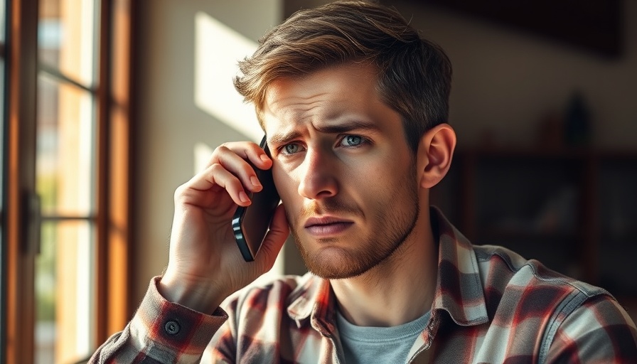 Concerned young man on phone discussing chronic joint pain solutions.