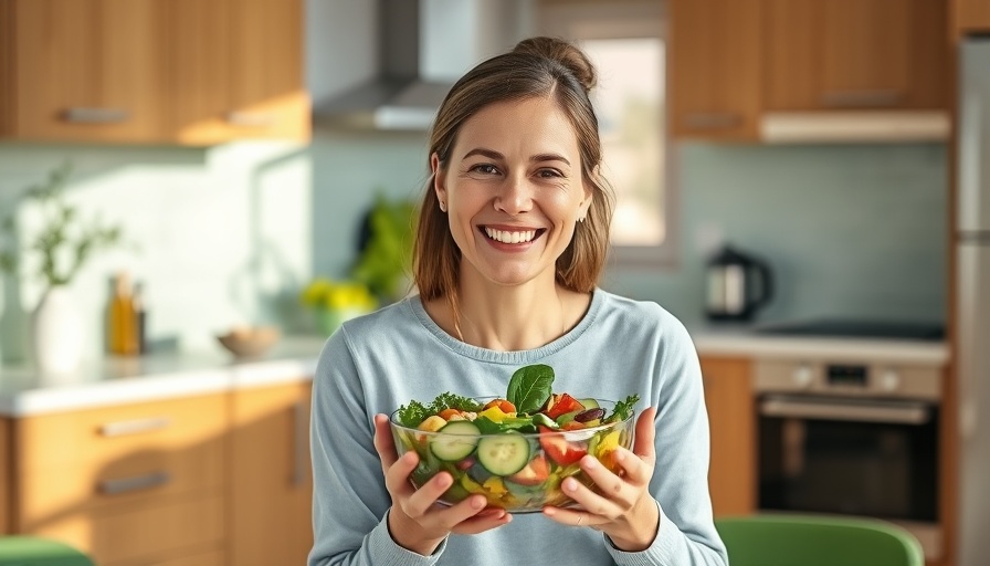 Woman enjoying foods low in potassium in a modern kitchen.