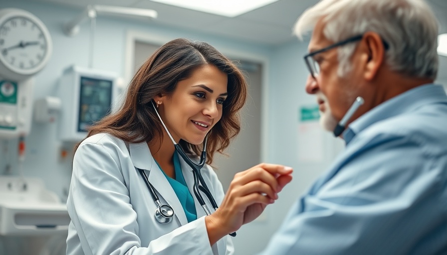 Doctor examining elderly patient in hospital, related to oral health and heart attacks.