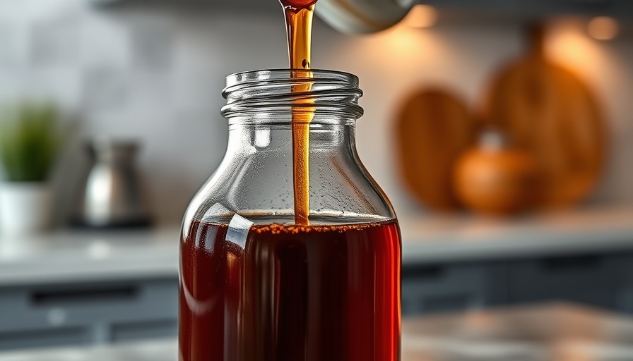 Homemade immune-boosting syrup being bottled in a kitchen.