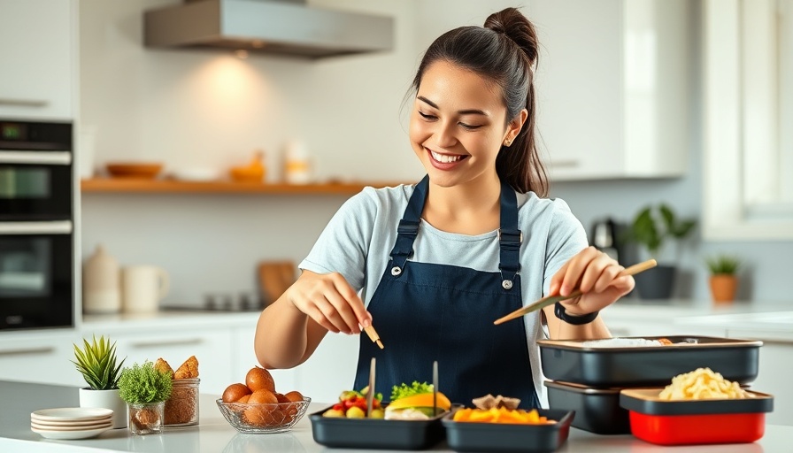 Woman making viral bento box lunches in bright kitchen.