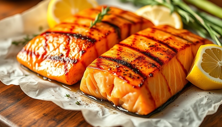 Juicy grilled salmon fillets with lemon for omega-3s.