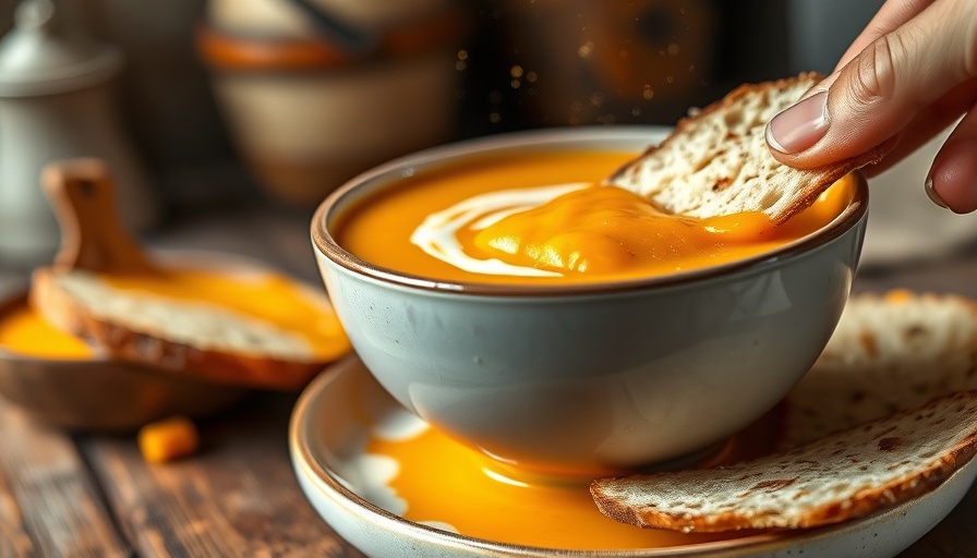 Vibrant butternut squash and coconut soup with bread dip.