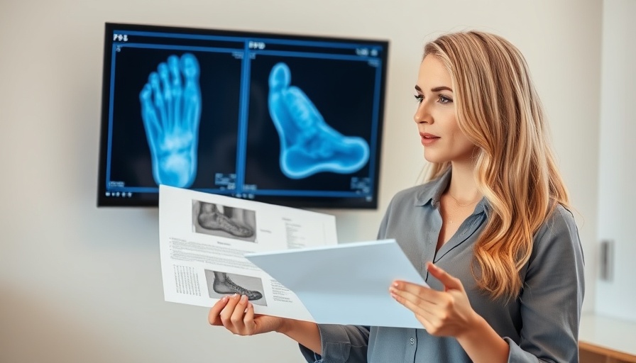 Foot pain relief explanation by woman with X-ray image.