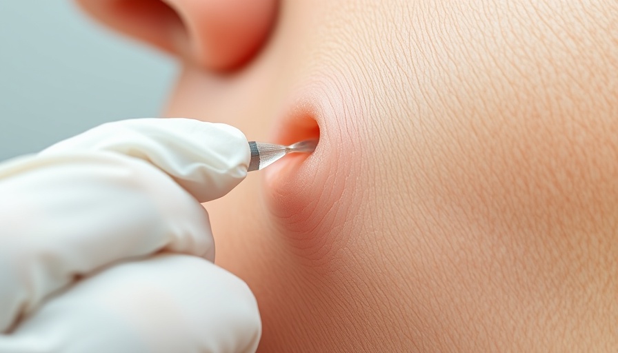 Skin rash diagnosis, extraction of blackhead by gloved hand, close-up.