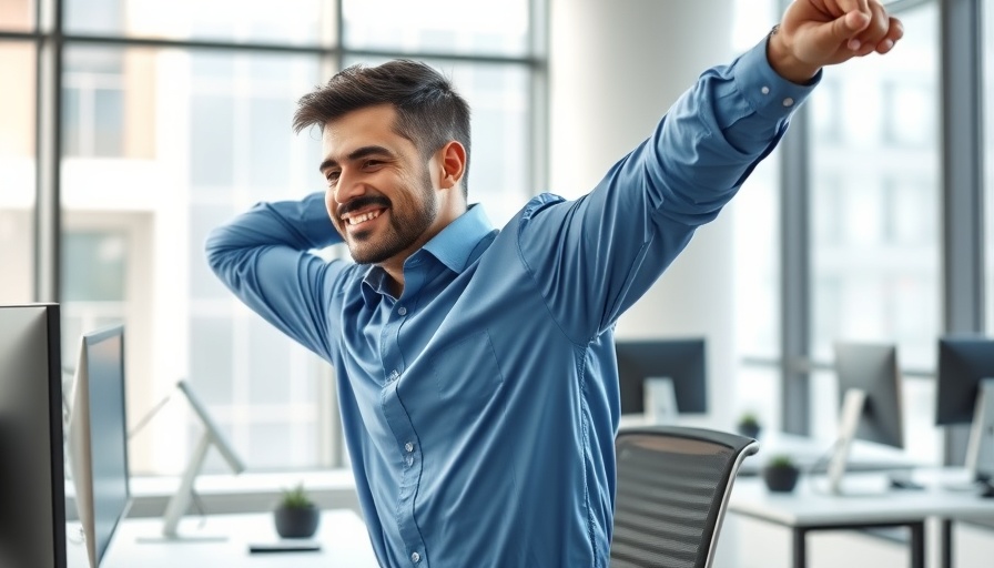Professional man doing desk stretches for back pain in office.