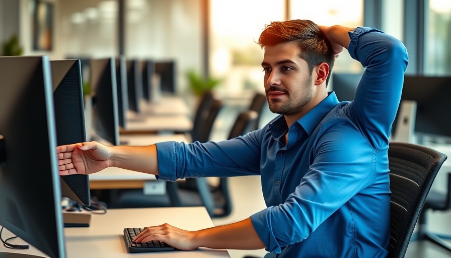 One-minute desk stretch in a modern office setting.