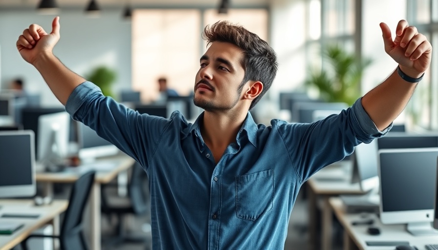 Desk stretch for back pain practice in a sunlit office.