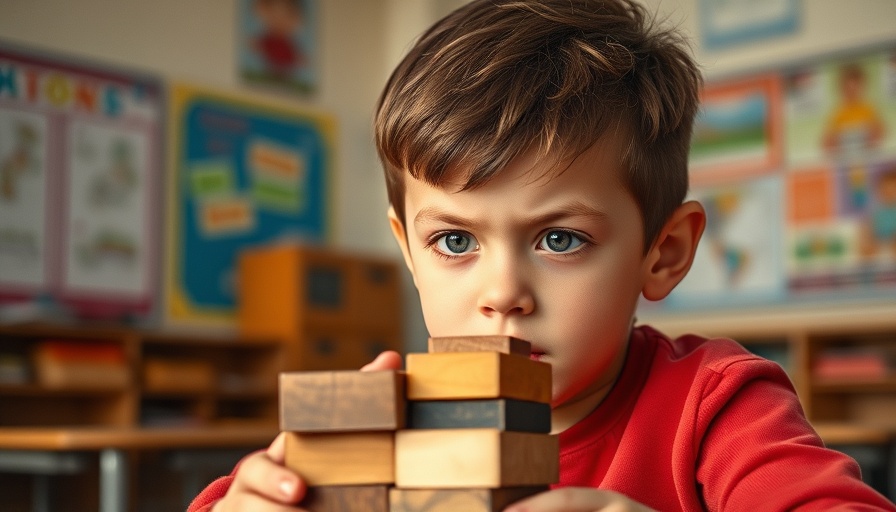 Focused young boy building blocks, representing academic anxiety in children.