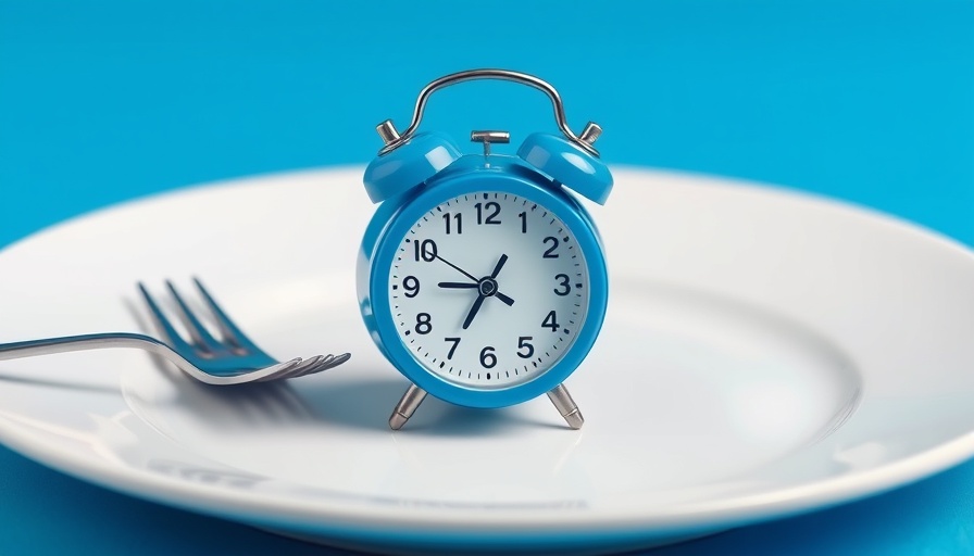 Blue alarm clock on plate symbolizes timing in health decisions.