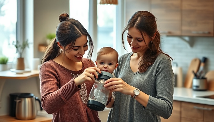 Mother and baby in kitchen with a coffee bottle, coffee for babies theme.