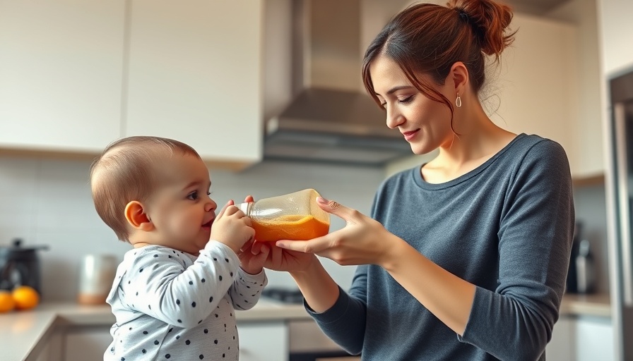 Woman pouring beverage into baby's bottle in kitchen setting.