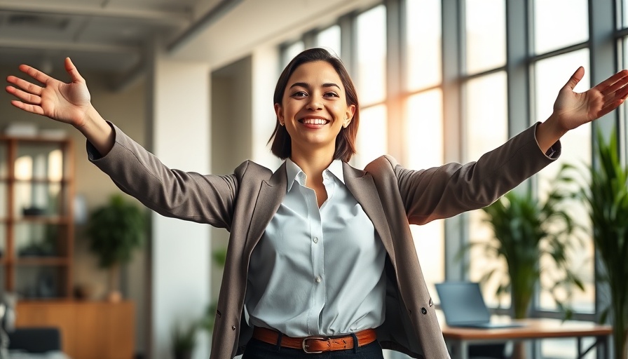 Confident woman smiling in office, symbolizing chronic spine pain relief.