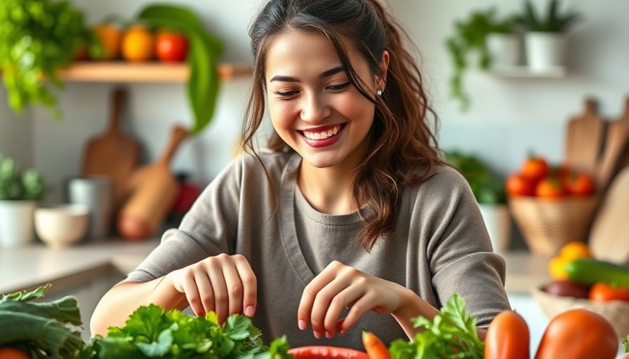 Smiling woman in kitchen preparing healthy meal for vascular health.