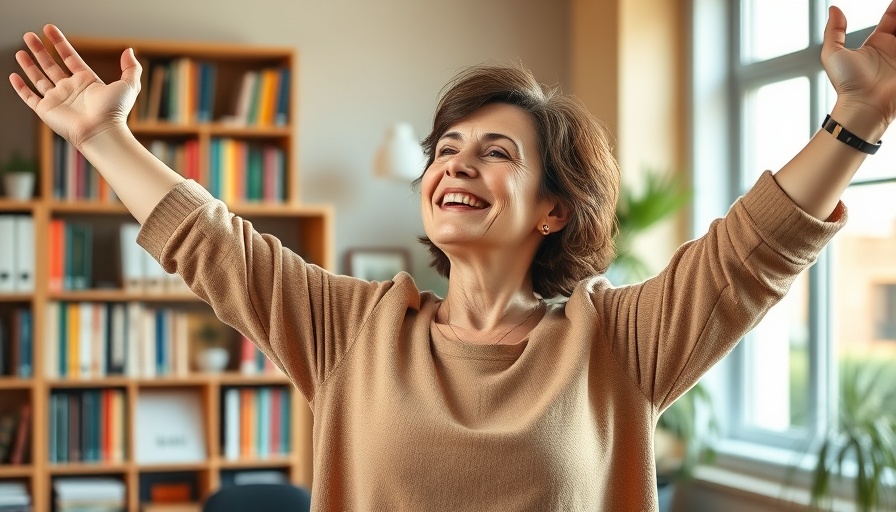 Happy middle-aged woman in office relaxing, symbolizing chronic spine pain relief.