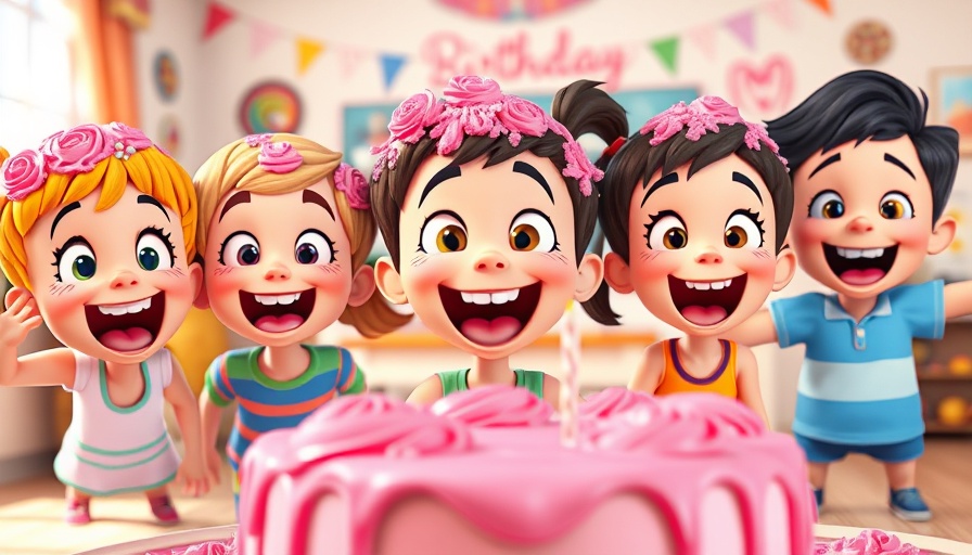 Cartoon kids joyfully celebrating with cake, enhancing wellbeing.
