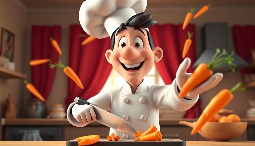 Cooking with Confidence: Animated chef chopping carrots in a vibrant kitchen.