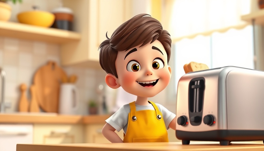 Cheerful cartoon boy in kitchen, health wellness theme.