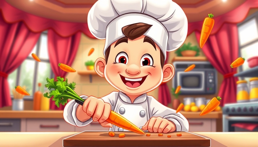 Cheerful cartoon chef chopping carrots, vibrant kitchen scene.