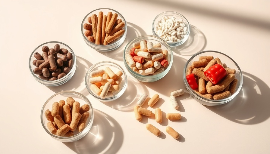 Assorted supplements for heart health in glass bowls on beige.